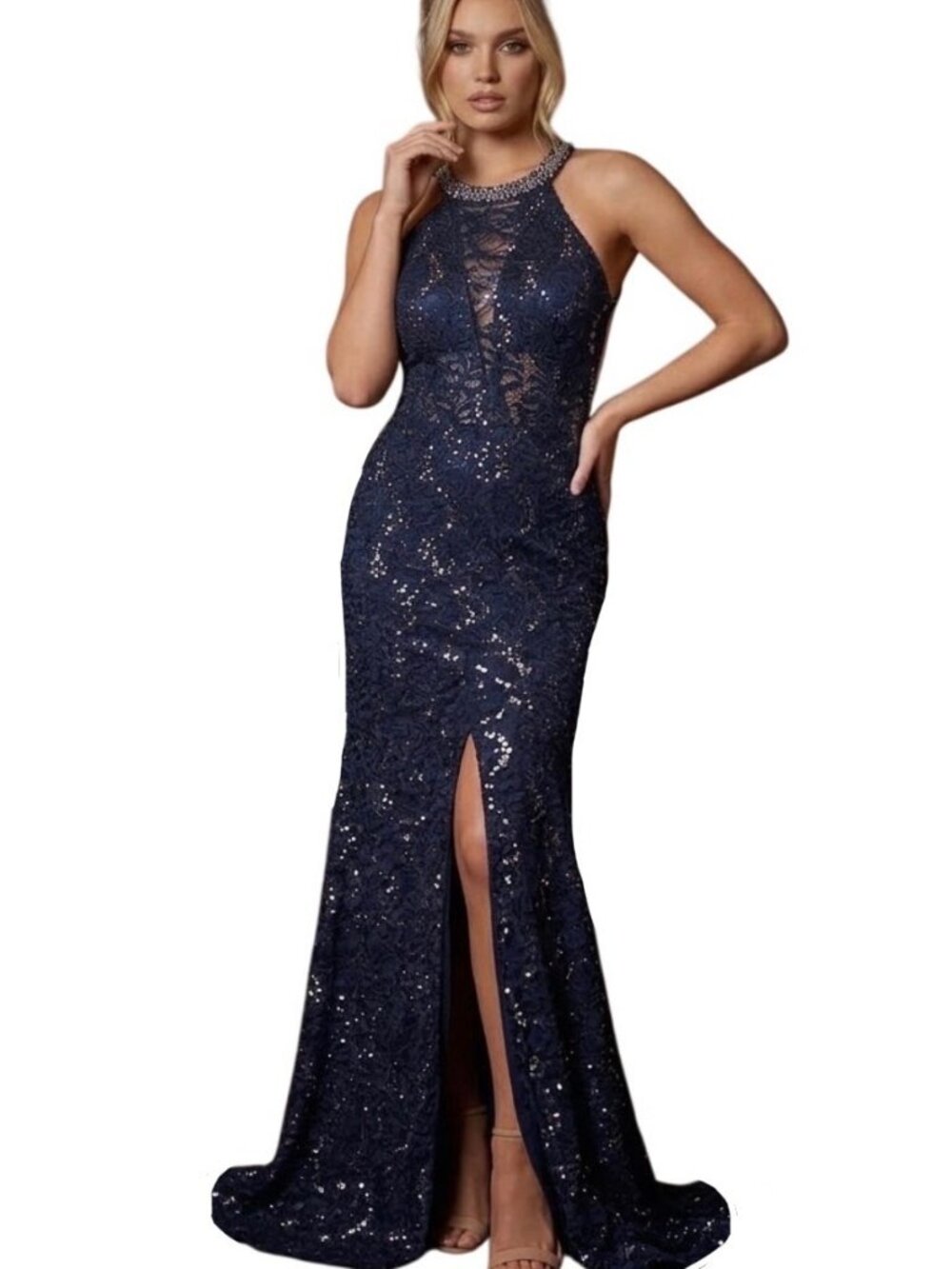 B. Darlin Whimsygoth Halter Sequin Lace Keyhole Gown Navy Maxi Dress ⅞ Prom